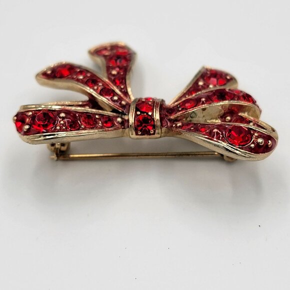Vintage Christmas Gold Tone Bow Brooch With Red Rhinestones - Picture 5 of 11